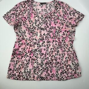 Cherokee Pink Leopard Print Short Sleeve Women's Scrub Top Sz S